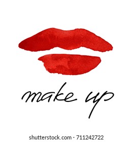 Make up logo idea with modern calligraphy and lips. Concept for beauty salon or cosmetics label. Fashion design. Vector Illustration.