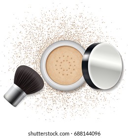 Make up loose powder with silver brush. Skincare, beauty lifestyle. Vector illustration EPS 10.