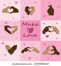 Make love. Hearts made with fingers. Card from hearts.
Hands of different people - Shutterstock ID 2393988169