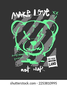 make love not war calligraphy slogan with outline bear doll head on stripe background vector illustration