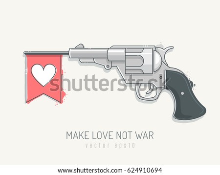 Make love not war concept. Pistol revolver firing red flag with heart shape. Vector illustration in scribble  line art style