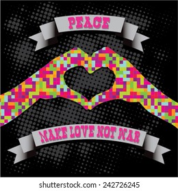 Make Love Not War - Hippie style. PEACE Pixel Vector Illustration