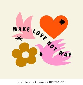 Make Love Not War quote, peace bird and heart with flower