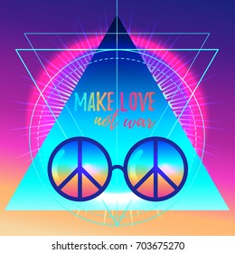 Make love not war. Rainbow hippie sun glasses with peace sign. Vector illustration over sacred geometry background. Modern hipster insignia. Psychedelic concept. Buddhism, trance music. Esoteric art.