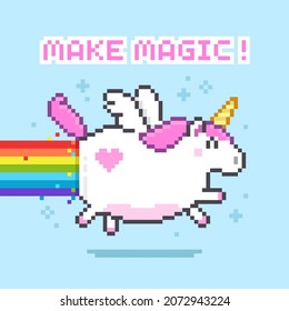 Make Magic - Pixel art fat Unicorn flying with Rainbow force vector illustration. Cute cartoon white unicorn with wings and rainbow. 8-bit style humorous greeting card or poster design