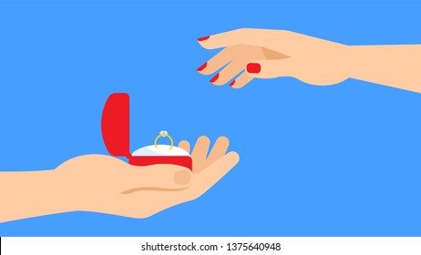Make a marriage proposal. Men's hand holds a jewelry red box with a ring. Female hand reaches for the ring. Wedding concept. Vector illustration.