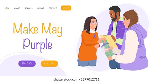 Make May Purple. Vector banner, poster, card and background for annual stroke awareness month. Volunteers collecting charitable donations. Charity financial support concept.