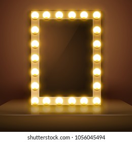 Make Up Mirror With Light. Vector Artist Dressing Room. Make-up Mirror.