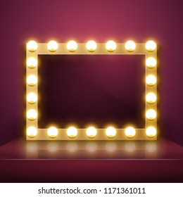 Make Up Mirror With Light. Vector Artist Dressing Room. Make-up Mirror.