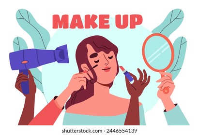 Make up model woman. Young girl with hairdresser, lipstick and mascara. Beauty, aesthetics and elegance. Cosmetics and mirror. Cartoon flat vector illustration isolated on white background