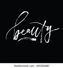 Make up modern brush calligraphy quote. Hand drawn lettering illustration. White phrase isolated on pink background.