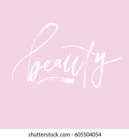 Make up modern brush calligraphy quote. Hand drawn lettering illustration. White phrase isolated on pink background