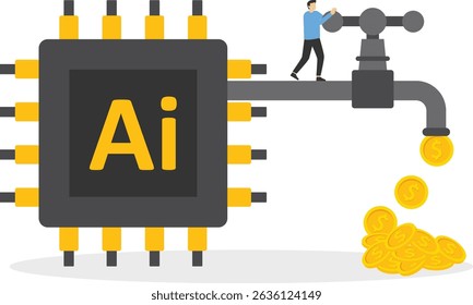 Ganhar dinheiro com inteligência artificial AI, as pessoas usam IA para ajudar e apoiar o sucesso do trabalho e fazer um monte de dinheiro, empresário leva o dinheiro moeda que sai do chip AI faucet estoque ilustra
