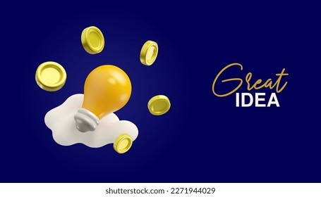 Make money concept banner. Light bulb with coins vector 3d icon. Startup project investment idea