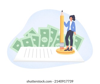 Make money concept. Girl with pencil stands on contract, metaphor for successful negotiations. Woman on stack of coins, businesswoman signs cooperation documents. Cartoon flat vector illustration