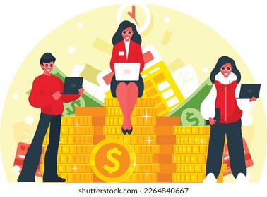 Make money concept. Stacks of gold coins and dollar banknotes. Capital accumulation concept. A people works on a laptops. Students are working on a business project. Vector graphics