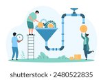 Make money with creative idea, online project monetization. Tiny people monetize content product, convert light bulbs and gears into gold coins using funnel and pipe cartoon vector illustration