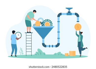 Make money with creative idea, online project monetization. Tiny people monetize content product, convert light bulbs and gears into gold coins using funnel and pipe cartoon vector illustration