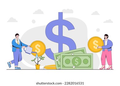 Make money and earn profit in business concept. Businessman colleagues watering money plants and businesswoman holding stack of gold coins. Design style minimal vector illustration for landing page.