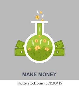 Make Money. Flat Design Concept with Bills and Coins in the Flask