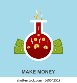 Make Money. Flat Design Concept with Bills and Coins in the Flask