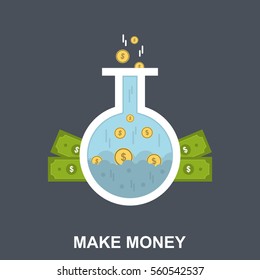Make Money. Flat Design Concept with Bills and Coins in the Flask