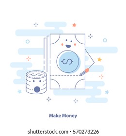 Make Money, flat line infographic icon. Money with emotions, cute financial illustration. Modern vector icon concept for Website Element, Mobile websites, Apps.