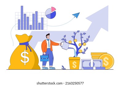 Make money to get rich, increase earning and income, investment profit growth, financial advisor or wealth management concepts illustrations. Businessman investor watering money tree with big arrow.