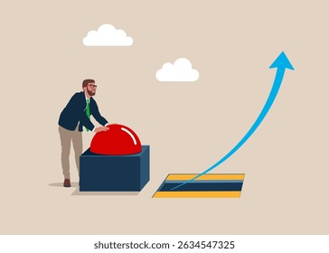 Ganhe dinheiro para enriquecer ou aumentar o salário ou a renda. Businessman pressiona o botão start red (iniciar vermelho). Empurre o início para abrir a porta e lançar o gráfico de crescimento do lucro. Crescimento dos lucros de investimento, consultor financeiro. 