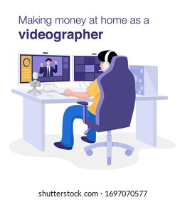 Make Money At Home Concept, A Man Editing Video On Computer At Home. Vector