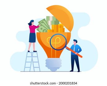 Haga ideas sobre el dinero, innovación o inversión en tecnología o creatividad para hacer el concepto de ganancia, el hombre de negocios inteligente abre una brillante idea de bombilla de luz y encontró monedas de dinero compuesto de ganancia.
