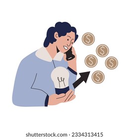 Make money idea, innovation or technology investment or creativity to make profit concept, businesswoman hold lightbulb idea and found compound earning profit money coins.