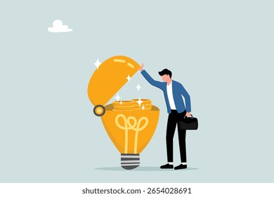 Haga la idea del dinero, la innovación o la inversión de la tecnología o la creatividad para hacer el concepto de la ganancia, el hombre de negocios elegante abre la idea brillante de la bombilla y encontró el compuesto que gana monedas del dinero de la ganancia.