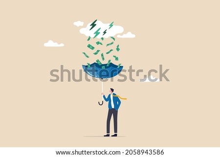 Make money idea, passive income or profit and dividends from stock market investment, financial success concept, rich businessman using umbrella to collect falling money from investment thunderstorm.