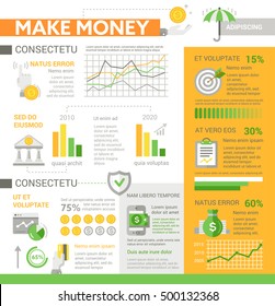 Make Money - info poster, brochure cover template layout with flat design icons, other infographic elements and filler text