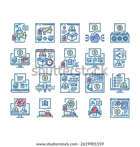 make money internet money online doodle icons set vector. business laptop, computer, earn profit, cash income, home ecommerce, digital media make money internet money online sketch hand drawn