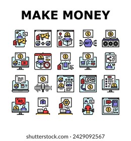 make money internet money online icons set vector. business laptop, computer, earn profit, cash income, home ecommerce, digital media make money internet money online color line illustrations