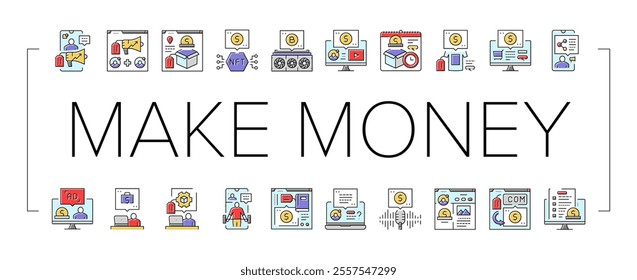 make money internet money online icons set vector. business laptop, computer, earn profit, cash income, home ecommerce, digital media make money internet money online color line illustrations