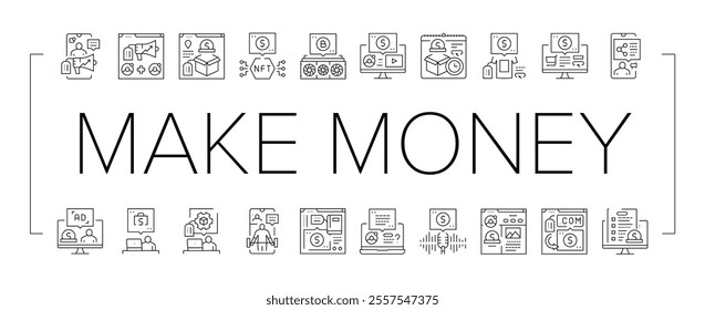 make money internet money online icons set vector. business laptop, computer, earn profit, cash income, home ecommerce, digital media make money internet money online black contour illustrations