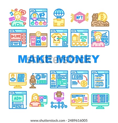make money internet online job icons set vector. business computer, laptop income, finance mobile, digital technology make money internet online job color line illustrations