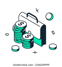 Make money investment briefcase coin stack financial banking income 3d icon isometric vector illustration. Effective finance currency invest rich success investor portfolio stock market trade