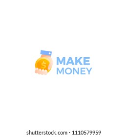 Make money logo. Gold dollar coin with hand businessman. Vector gradient cartoon illustration
