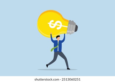 Make money from new idea, joyful entrepreneur holding illuminated idea symbolized by money sign