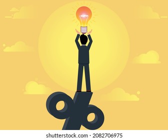 Make money from new idea or profit from investment. businessman holding a light bulb standing on top of percentage sign