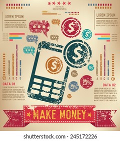 Make money on mobile design on old paper background,info graphic,grunge vector