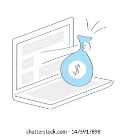 Make money online business, internet earning concept, online income. Receive dollars from hand from computer monitor. Outline clean trendy vector ui Illustration design.