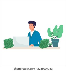 Make money online - Businessman getting paid from computer at home. Vector illustration