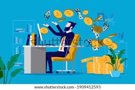 Make money online - Businessman getting paid from computer at home. Vector illustration.
