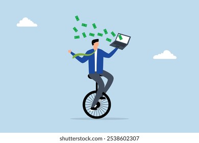 Make money online, businessman uses his expertise to ride a unicycle and make money using his computer laptop. 