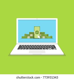 Make money online concept. Laptop, mouse cursor, gold coins. Flat vector illustration.